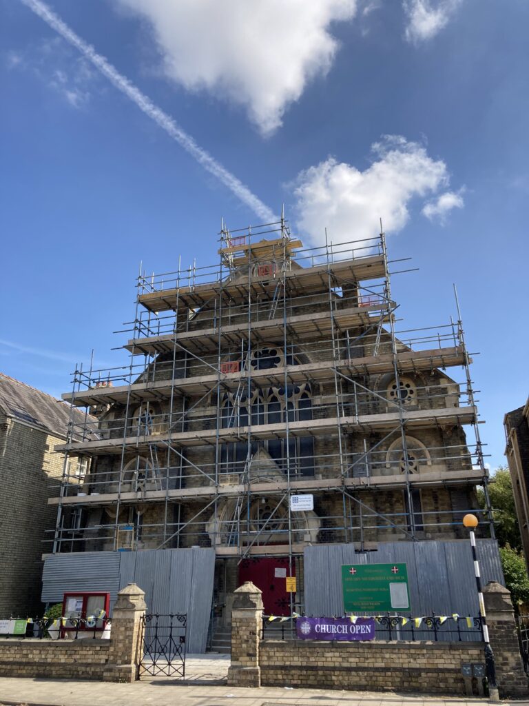 spilsby methodist chapel covered in scaffolding from the top to bottom at the front - image 2