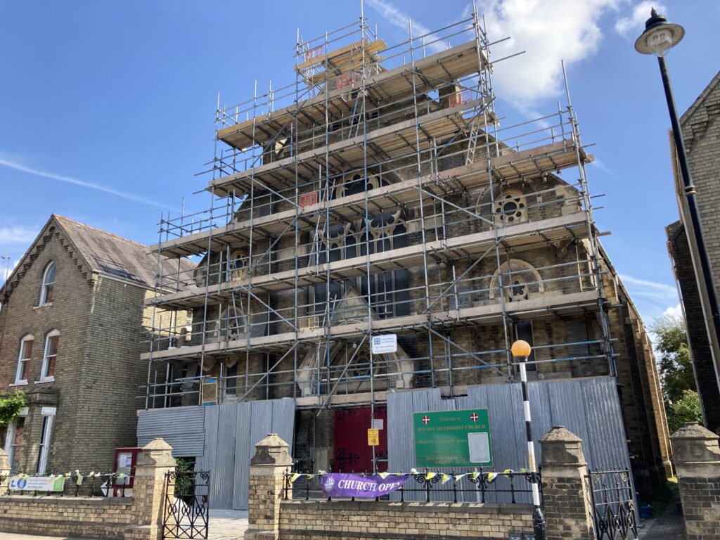 spilsby methodist chapel covered in scaffolding from the top to bottom at the front - image 3