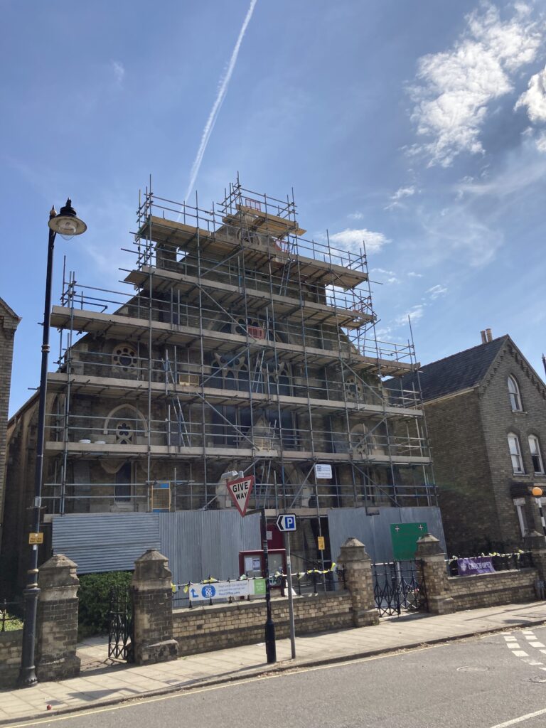 spilsby methodist chapel covered in scaffolding from the top to bottom at the front - image 1