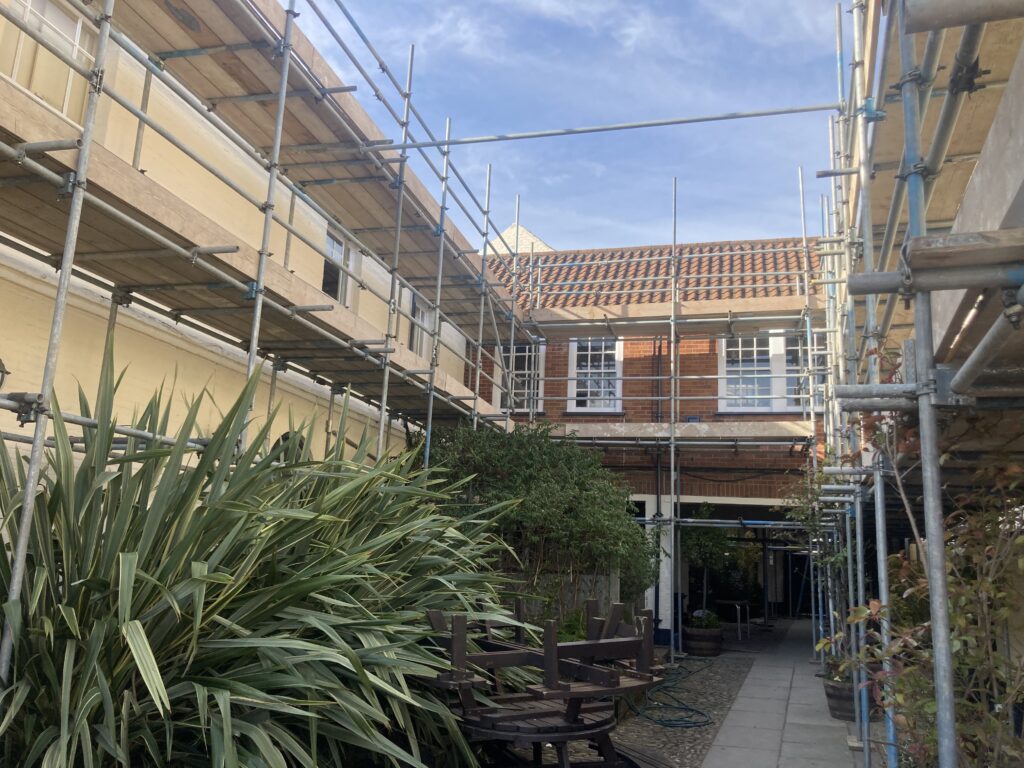 scaffolding surrounding the center of The Bull Hotel in Horncastle