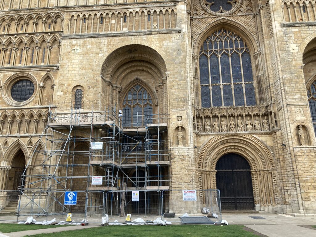 scaffolding and barriers at entrance of Lincoln cathedral