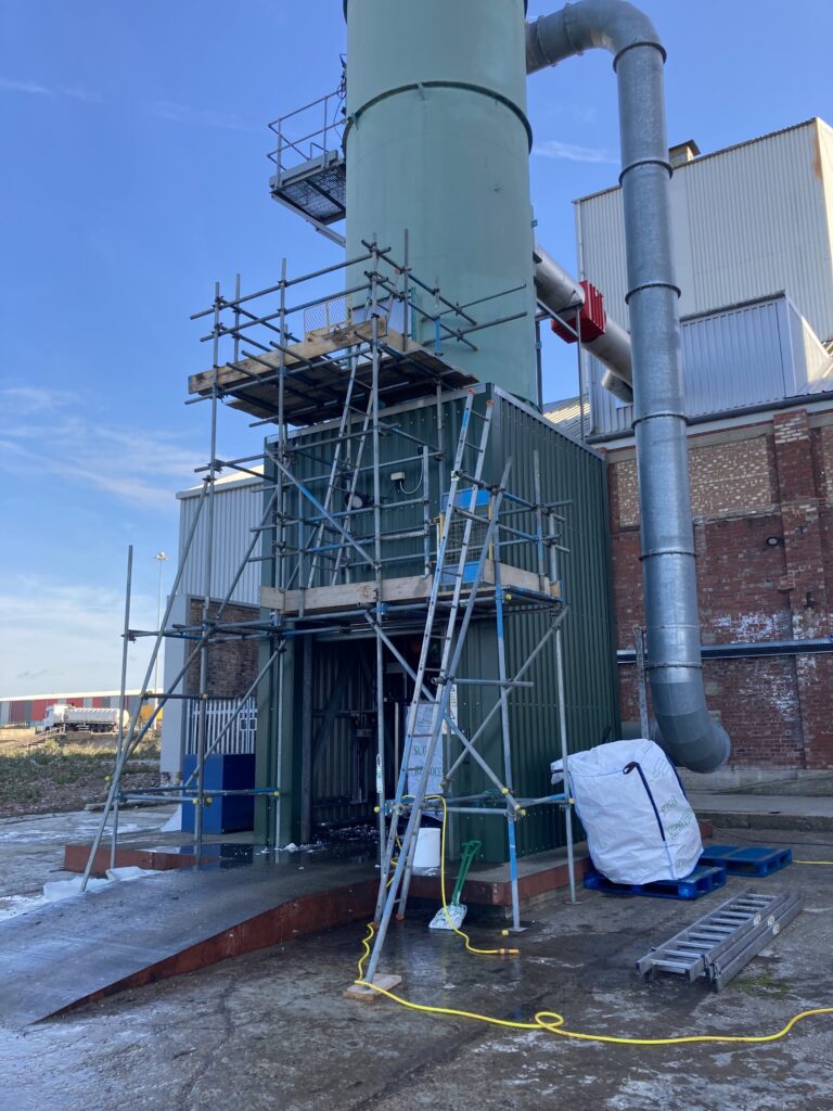 Scaffolding for access to sugar dust extractor for maintenance works at Bardney sugar factory