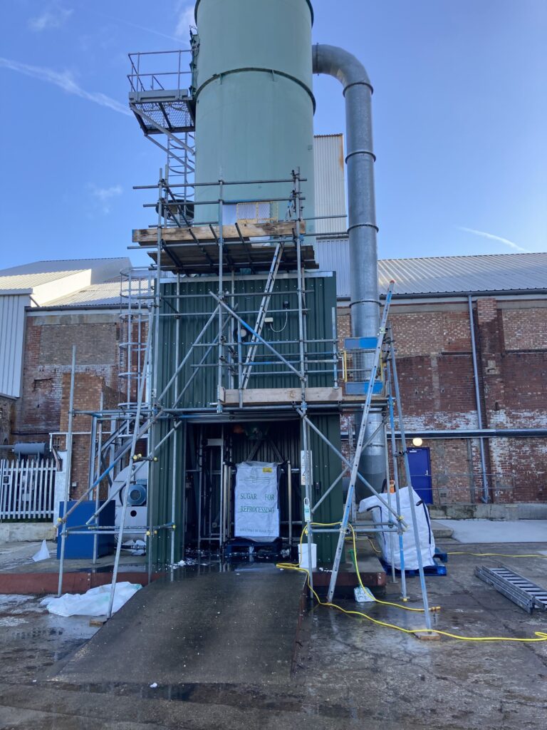 Scaffolding for access to sugar dust extractor for maintenance works at Bardney sugar factory