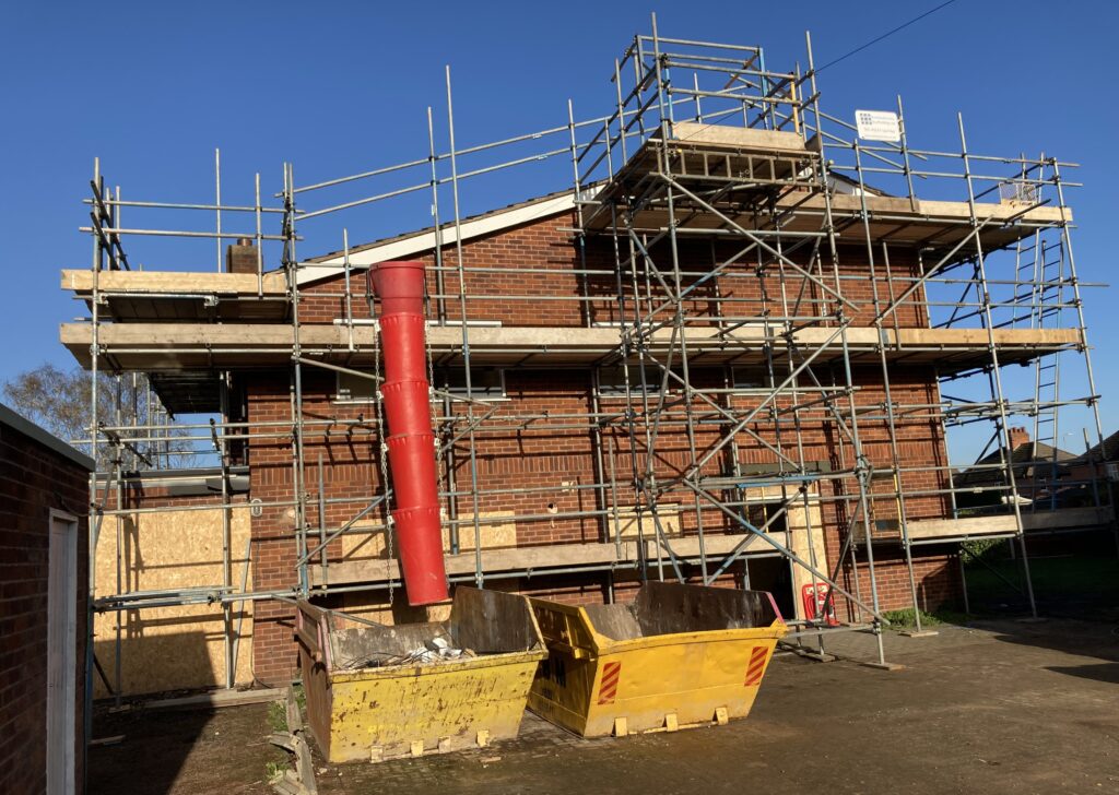scaffolding surrounding an entire building in Lincoln