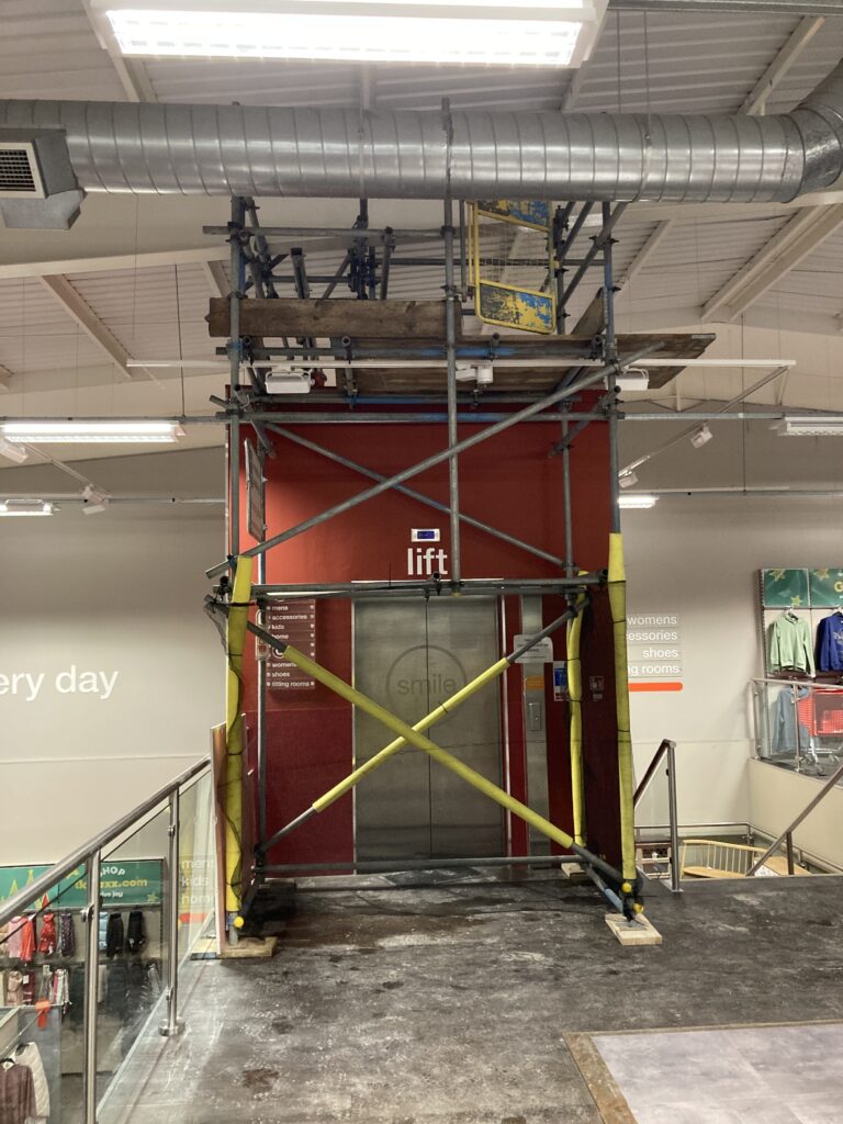scaffolding around the lift in Tk maxx in Lincoln