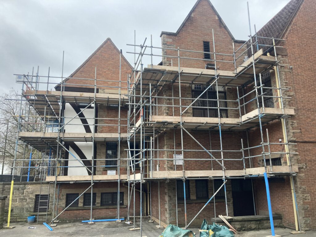 Scaffolding on the side of The Green Dragon in Lincoln