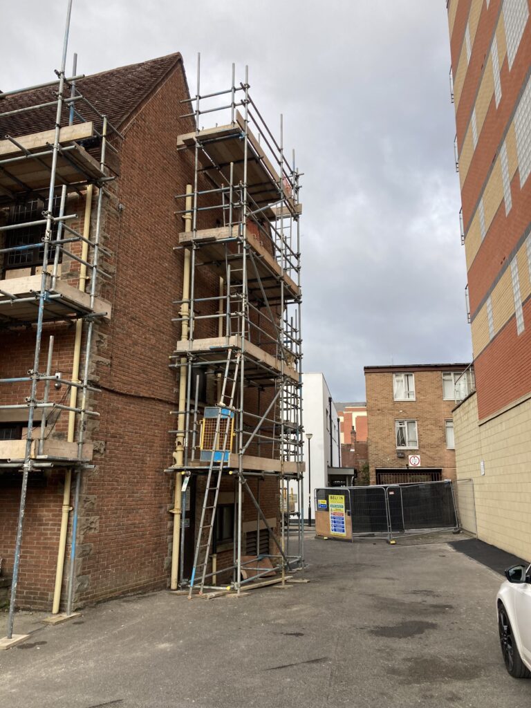 Scaffolding on the side of The Green Dragon in Lincoln